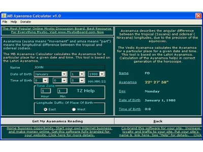 The MB Ayanamsa Calculator calculates the Ayanamsa for a particular place& time.